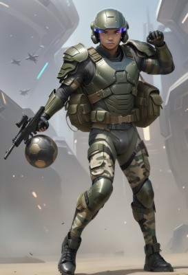 solo,gloves,1boy,standing,full body,weapon,male focus,boots,dark skin,fingerless gloves,armor,uniform,lips,gun,military,no humans,military uniform,helmet,shoulder armor,clenched hand,holding gun,rifle,ball,science fiction,realistic,aircraft,airplane,assault rifle,knee pads,camouflage,soldier,jet,dust,fighter jet,helicopter,body armor,1girl,short hair,holding,purple eyes,bag,holding weapon,glowing,pauldrons,pouch,military vehicle,trigger discipline,elbow pads,soccer ball,camouflage pants