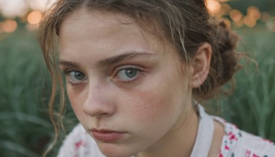 1girl,solo,looking at viewer,short hair,brown hair,brown eyes,closed mouth,green eyes,teeth,hair bun,blurry,lips,depth of field,blurry background,portrait,close-up,forehead,freckles,realistic,nose,bokeh,outdoors,choker,eyelashes,grass