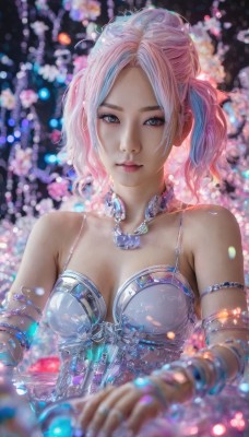 1girl,solo,breasts,looking at viewer,smile,short hair,hair ornament,dress,cleavage,bare shoulders,twintails,jewelry,medium breasts,closed mouth,blue hair,upper body,pink hair,multicolored hair,medium hair,necklace,blurry,bracelet,two-tone hair,lips,grey eyes,makeup,depth of field,blurry background,gem,armlet,blurry foreground,realistic,blue eyes,blonde hair,ribbon,flower,artist name,petals,watermark