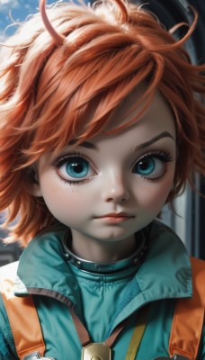 1girl,solo,looking at viewer,short hair,bangs,blue eyes,closed mouth,jacket,upper body,ahoge,red hair,sky,artist name,orange hair,blurry,collar,lips,eyelashes,bodysuit,blurry background,messy hair,portrait,close-up,zipper,freckles,realistic,nose,day,watermark,web address