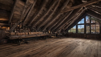 sky,day,cloud,indoors,tree,blue sky,no humans,window,chair,table,sunlight,scenery,wooden floor,ceiling,ceiling light,plant,wood