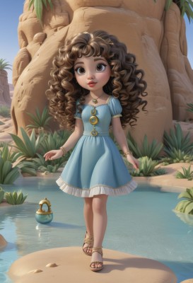 1girl,solo,long hair,looking at viewer,brown hair,dress,brown eyes,jewelry,standing,full body,short sleeves,small breasts,outdoors,parted lips,sky,day,puffy sleeves,dark skin,water,necklace,bracelet,dark-skinned female,tree,blue sky,puffy short sleeves,lips,blue dress,wavy hair,sandals,grass,plant,walking,curly hair,rock,turtle,leaf,watermark,beach,child,sand