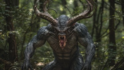 solo,open mouth,tail,outdoors,horns,teeth,day,tongue,blurry,tree,no humans,blurry background,fangs,sharp teeth,nature,claws,1other,forest,monster,saliva,depth of field,colored skin,facing viewer,branch,no eyes,horror (theme)