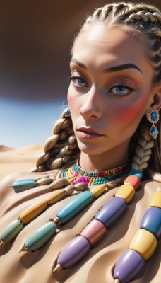 1girl,solo,long hair,looking at viewer,blue eyes,brown hair,black hair,hair ornament,jewelry,closed mouth,green eyes,upper body,braid,multicolored hair,earrings,lying,dark skin,necklace,blurry,twin braids,dark-skinned female,lips,eyelashes,makeup,gem,portrait,forehead,freckles,realistic,nose,dreadlocks,sidelighting,multiple braids,breasts,outdoors,day,artist name,blue sky,thick eyebrows,close-up,pink lips,sand,eyeliner,gold,mascara,desert,tribal