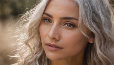 1girl,solo,long hair,looking at viewer,brown eyes,white hair,parted lips,teeth,blurry,lips,grey eyes,eyelashes,depth of field,blurry background,wavy hair,portrait,close-up,forehead,realistic,nose,green eyes,grey hair