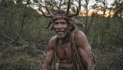 solo,smile,short hair,open mouth,brown hair,1boy,hat,animal ears,jewelry,closed eyes,upper body,male focus,outdoors,horns,day,necklace,blurry,vest,tree,muscular,blurry background,facial hair,pectorals,muscular male,nature,facing viewer,beard,forest,topless male,realistic,antlers,old,photo background,tooth necklace,looking at viewer,navel,brown eyes,teeth,scar,branch,chest hair