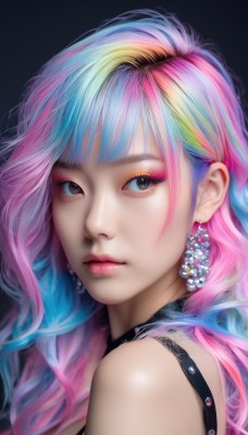 1girl,solo,long hair,looking at viewer,bangs,blue eyes,simple background,bare shoulders,brown eyes,jewelry,closed mouth,blue hair,upper body,pink hair,multicolored hair,earrings,choker,black eyes,from side,two-tone hair,lips,looking to the side,eyelashes,aqua hair,gradient hair,makeup,lipstick,black background,portrait,eyeshadow,pink lips,realistic,nose,eyeliner,mascara,rainbow hair,blonde hair,shiny,streaked hair,watermark,gem,close-up