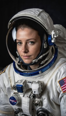 solo,looking at viewer,smile,black hair,1boy,brown eyes,closed mouth,upper body,male focus,lips,facial hair,helmet,black background,freckles,realistic,american flag,spacesuit,japanese flag,astronaut,simple background,dark skin,headset,science fiction,space,space helmet