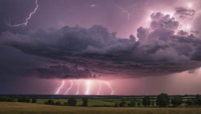 outdoors,sky,cloud,tree,no humans,cloudy sky,grass,nature,scenery,sunset,mountain,horizon,electricity,field,lightning,landscape,hill,purple sky,water,ocean,forest