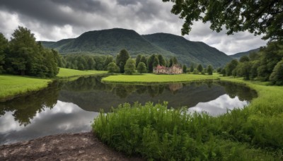 outdoors,sky,day,cloud,water,tree,blue sky,no humans,cloudy sky,grass,building,nature,scenery,forest,mountain,road,bush,river,landscape,path,reflection,mountainous horizon,lake,reflective water