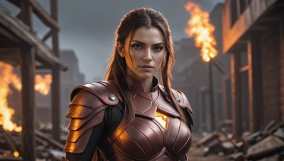 1girl,solo,long hair,breasts,looking at viewer,brown hair,black hair,brown eyes,closed mouth,upper body,outdoors,armor,blurry,dark-skinned female,lips,blurry background,fire,shoulder armor,pauldrons,breastplate,nose,power armor,realistic