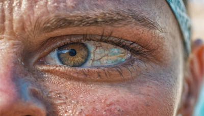 solo, looking at viewer, blue eyes, 1boy, male focus, blurry, eyelashes, scar, close-up, reflection, realistic, eye focus