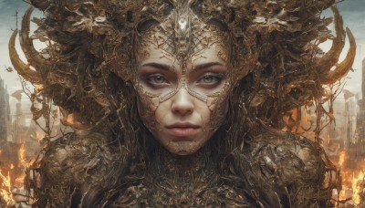 1girl,solo,long hair,looking at viewer,brown hair,black hair,brown eyes,closed mouth,upper body,outdoors,sky,armor,lips,grey eyes,makeup,helmet,fire,building,portrait,science fiction,city,realistic,fantasy,burning,horns,eyelashes,expressionless,shoulder armor,close-up,eyeshadow,pauldrons,cityscape