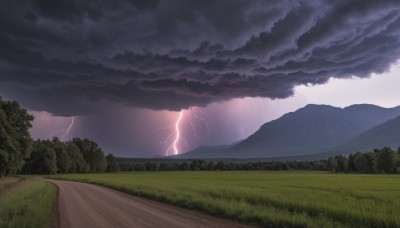 outdoors,sky,cloud,tree,no humans,cloudy sky,grass,nature,scenery,forest,mountain,electricity,road,lightning,landscape,mountainous horizon,path,hill,field