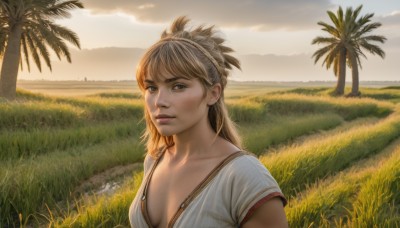 1girl,solo,long hair,breasts,looking at viewer,bangs,blonde hair,shirt,cleavage,brown eyes,medium breasts,collarbone,white shirt,upper body,short sleeves,small breasts,outdoors,parted lips,sky,day,cloud,tree,lips,grass,scenery,realistic,nose,palm tree,river,underwear,hairband,bra,cloudy sky,nature,sunset