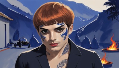 1girl,solo,looking at viewer,short hair,bangs,brown hair,shirt,1boy,brown eyes,closed mouth,jacket,upper body,outdoors,sky,mole,tree,lips,black shirt,mole under eye,tattoo,makeup,night,facial mark,fire,lipstick,ground vehicle,portrait,motor vehicle,mountain,red lips,car,facial tattoo,smile,formal,thick eyebrows,suit,palm tree,facepaint