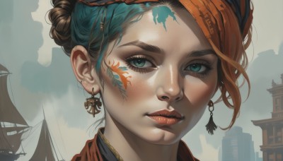 1girl,solo,looking at viewer,short hair,blue eyes,hair ornament,jewelry,closed mouth,green eyes,blue hair,braid,multicolored hair,earrings,hair bun,orange hair,two-tone hair,aqua eyes,lips,eyelashes,tattoo,makeup,facial mark,building,portrait,freckles,realistic,nose,red lips,facepaint,brown hair,close-up,architecture,facial tattoo