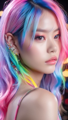 1girl,solo,long hair,looking at viewer,bangs,bare shoulders,brown eyes,jewelry,blue hair,upper body,pink hair,multicolored hair,earrings,parted lips,bra,blurry,black eyes,from side,two-tone hair,lips,eyelashes,gradient hair,makeup,watermark,piercing,lipstick,ear piercing,portrait,web address,close-up,eyeshadow,pink lips,realistic,nose,bra strap,colorful,mascara,rainbow hair,necklace,looking to the side,depth of field