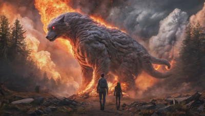 red eyes, outdoors, multiple boys, sky, cloud, 2boys, tree, glowing, fire, nature, glowing eyes, forest, smoke, monster, oversized animal, kaijuu