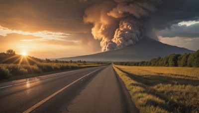 outdoors,sky,day,cloud,water,tree,no humans,sunlight,cloudy sky,grass,ground vehicle,nature,scenery,forest,smoke,sunset,mountain,sun,road,river,landscape,hill,monster,mountainous horizon