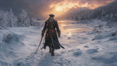 solo,long hair,gloves,1boy,hat,holding,standing,weapon,grey hair,male focus,boots,outdoors,sky,belt,pants,sword,cloud,from behind,holding weapon,tree,coat,gun,black headwear,holding sword,sheath,holding gun,nature,scenery,rifle,snow,brown gloves,handgun,forest,walking,snowing,mountain,sun,facing away,footprints,tricorne,antique firearm,long sleeves,full body,white hair,black gloves,black footwear,torn clothes,katana,cloudy sky,sunset,black coat,pine tree