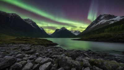 outdoors,sky,cloud,water,tree,no humans,night,star (sky),nature,night sky,scenery,starry sky,rock,mountain,river,landscape,lake,cliff,aurora,grass