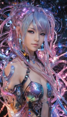 1girl,solo,long hair,breasts,looking at viewer,bangs,cleavage,bare shoulders,jewelry,medium breasts,closed mouth,upper body,pink hair,earrings,small breasts,choker,armor,black eyes,lips,grey eyes,science fiction,realistic,hair ornament,blue hair,multicolored hair,artist name,eyelashes,makeup,glowing,watermark,expressionless,gem,web address,pink lips,nose,cable