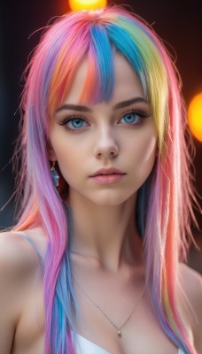 1girl,solo,long hair,breasts,looking at viewer,bangs,blue eyes,blonde hair,cleavage,bare shoulders,jewelry,medium breasts,closed mouth,blue hair,collarbone,upper body,pink hair,multicolored hair,earrings,necklace,blurry,two-tone hair,lips,streaked hair,eyelashes,makeup,portrait,pendant,eyeshadow,realistic,nose,mascara,artist name,mole,watermark,expressionless,messy hair,web address,rainbow hair