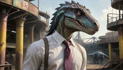 HQ,solo,open mouth,shirt,1boy,yellow eyes,white shirt,upper body,male focus,outdoors,necktie,sky,teeth,day,collared shirt,cloud,orange eyes,no humans,sharp teeth,monster,realistic,pink necktie,dinosaur,animal,suspenders,red necktie,city,kaijuu