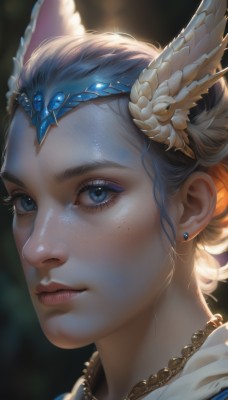 1girl,solo,looking at viewer,short hair,blue eyes,hair ornament,animal ears,jewelry,closed mouth,earrings,artist name,necklace,blurry,lips,eyelashes,makeup,blurry background,tiara,feathers,gem,portrait,close-up,freckles,circlet,realistic,nose,stud earrings,mascara,blue hair,mole,watermark