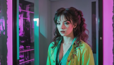 1girl,solo,long hair,breasts,looking at viewer,bangs,brown hair,shirt,black hair,cleavage,brown eyes,jewelry,collarbone,jacket,upper body,earrings,parted lips,open clothes,indoors,necklace,hair bun,lips,makeup,wavy hair,curly hair,hoop earrings,realistic,nose,door,yellow jacket,collared shirt,eyelashes,buttons,piercing,blue shirt,eyeshadow,green shirt,unbuttoned,eyeliner,partially unbuttoned,unbuttoned shirt