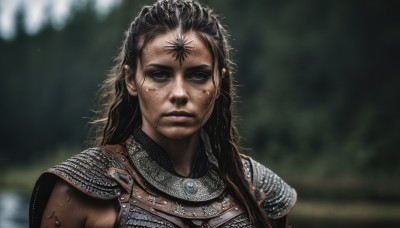 1girl,solo,long hair,looking at viewer,brown hair,black hair,closed mouth,upper body,armor,blurry,black eyes,lips,wet,blurry background,expressionless,shoulder armor,messy hair,portrait,freckles,pauldrons,breastplate,realistic,gorget,chainmail,gem,forehead jewel