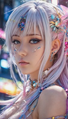 1girl,solo,long hair,breasts,looking at viewer,bangs,blue eyes,hair ornament,bare shoulders,jewelry,upper body,white hair,multicolored hair,earrings,parted lips,choker,hair flower,necklace,blurry,from side,lips,grey eyes,eyelashes,makeup,depth of field,blurry background,gem,portrait,close-up,armlet,eyeshadow,crystal,realistic,nose,blue gemstone,mascara,closed mouth,sidelocks,facial mark,feathers,feather hair ornament,head chain