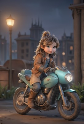 1girl,solo,long hair,looking at viewer,brown hair,brown eyes,jacket,ponytail,braid,boots,outdoors,open clothes,sky,pants,artist name,blurry,open jacket,lips,night,depth of field,blurry background,brown footwear,knee boots,denim,ground vehicle,building,child,motor vehicle,brown jacket,city,female child,road,riding,leather,motorcycle,lamppost,leather jacket,pavement,scooter,leather boots,on motorcycle,smile,bangs,shirt,hair ornament,gloves,long sleeves,sitting,closed mouth,full body,high ponytail,blue shirt,brown gloves,jeans,nose,leather gloves