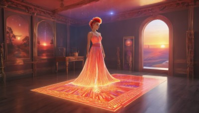 1girl,solo,breasts,looking at viewer,smile,short hair,hair ornament,red eyes,dress,bare shoulders,jewelry,standing,full body,flower,red hair,earrings,sky,sleeveless,indoors,dark skin,orange hair,dark-skinned female,sleeveless dress,chair,arms behind back,red dress,table,star (sky),scenery,starry sky,reflection,sunset,wooden floor,orange dress,painting (object),carpet,black hair,cloud,necklace,sash,window,headband,ocean,plant,sun,potted plant,wide shot,vase,rug