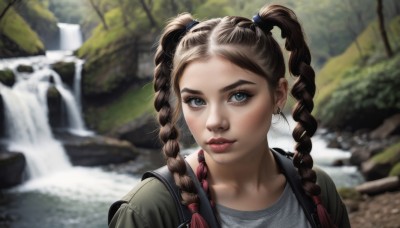 1girl,solo,long hair,looking at viewer,blue eyes,brown hair,shirt,twintails,jewelry,closed mouth,collarbone,jacket,upper body,braid,multicolored hair,earrings,outdoors,day,artist name,water,bag,blurry,twin braids,tree,lips,depth of field,blurry background,backpack,portrait,nature,grey shirt,realistic,nose,red lips,river,waterfall,parted lips,eyelashes,makeup,forehead,rock,hair tie,mascara