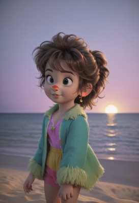 1girl,solo,smile,short hair,brown hair,shirt,long sleeves,brown eyes,jewelry,standing,jacket,ponytail,earrings,outdoors,parted lips,open clothes,sky,shorts,dark skin,water,necklace,black eyes,flat chest,dark-skinned female,lips,coat,fur trim,ocean,beach,child,backlighting,freckles,pink shirt,sunset,sand,arms at sides,sun,horizon,female child,blue coat,skirt,teeth