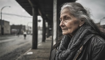 solo,long hair,1boy,jewelry,closed mouth,jacket,upper body,white hair,grey hair,male focus,earrings,outdoors,scarf,blurry,coat,black jacket,depth of field,blurry background,facial hair,ground vehicle,realistic,road,leather,old,lamppost,old man,leather jacket,photo background,old woman,wrinkled skin,1girl,sky,from side,grey sky