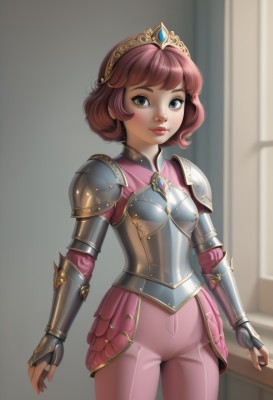 1girl,solo,looking at viewer,smile,short hair,bangs,blue eyes,brown hair,gloves,closed mouth,standing,pink hair,red hair,cowboy shot,pants,indoors,fingerless gloves,armor,lips,makeup,tiara,crown,lipstick,shoulder armor,gauntlets,gem,pauldrons,breastplate,pink lips,red lips,faulds,pink pants,plate armor,breasts,blush,jewelry,artist name