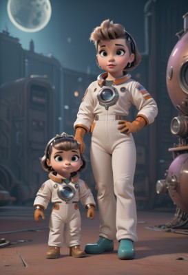 1girl,looking at viewer,smile,short hair,multiple girls,brown hair,black hair,gloves,2girls,brown eyes,standing,full body,hairband,black eyes,lips,hand on hip,night,moon,tiara,goggles,child,full moon,freckles,science fiction,realistic,female child,orange gloves,spacesuit,blue eyes,jewelry,earrings,parted lips,shoes,watermark,web address,wrench,screwdriver,astronaut