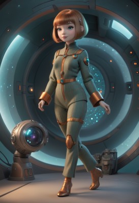 1girl,solo,breasts,looking at viewer,short hair,bangs,blue eyes,brown hair,hair ornament,standing,full body,small breasts,boots,hairclip,blunt bangs,high heels,lips,bodysuit,watermark,brown footwear,bob cut,robot,web address,floating,walking,science fiction,space,spacecraft,spacesuit,space helmet,astronaut,smile,long sleeves,green eyes,uniform