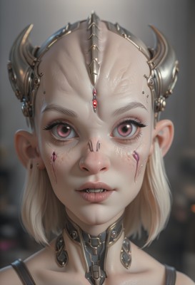 1girl,solo,looking at viewer,short hair,blonde hair,red eyes,jewelry,collarbone,earrings,parted lips,horns,teeth,pink eyes,blurry,lips,eyelashes,depth of field,blurry background,headgear,portrait,close-up,freckles,science fiction,veins,realistic,android,cyborg,cyberpunk,mechanical parts,choker,artist name,signature,fangs,piercing,nose,eyebrow piercing