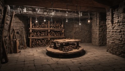 monochrome,indoors,no humans,table,scenery,lantern,stairs,fantasy,light,candle,wall,brick wall,brown theme,torch,barrel,candlestand,chandelier,treasure chest,fireplace,crate,weapon,sword,door,stone wall,wood