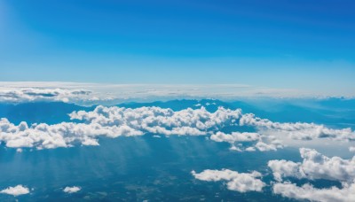 monochrome,outdoors,sky,day,cloud,water,blue sky,no humans,ocean,sunlight,cloudy sky,scenery,blue theme,horizon,landscape,above clouds