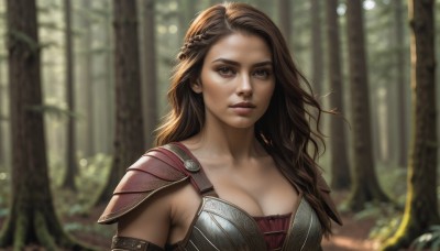 1girl,solo,long hair,breasts,looking at viewer,large breasts,brown hair,cleavage,brown eyes,medium breasts,closed mouth,collarbone,upper body,braid,outdoors,armor,blurry,tree,lips,depth of field,blurry background,shoulder armor,nature,forest,pauldrons,realistic,nose,day,sunlight