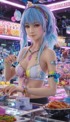 1girl,solo,long hair,breasts,looking at viewer,smile,bangs,blue eyes,cleavage,bare shoulders,jewelry,medium breasts,closed mouth,underwear,blue hair,collarbone,swimsuit,upper body,bikini,hairband,small breasts,food,indoors,necklace,nail polish,bra,blurry,bracelet,cup,lips,fruit,headphones,ring,bottle,armband,bikini top only,armlet,blue nails,realistic,spoon,shelf,jar,shop,counter,grey eyes,pendant,arm strap,aqua nails