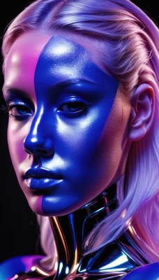 1girl,solo,long hair,looking at viewer,blue eyes,blonde hair,simple background,closed mouth,shiny,lips,makeup,colored skin,lipstick,black background,portrait,realistic,nose,blue skin,eyelashes,bodysuit,close-up,eyeshadow,alien,blue lips