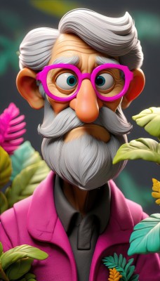 solo,looking at viewer,blue eyes,shirt,1boy,jacket,upper body,flower,white hair,grey hair,male focus,necktie,glasses,collared shirt,blurry,black shirt,blurry background,facial hair,leaf,halo,portrait,beard,mustache,pink jacket,old,old man,pink-framed eyewear,closed mouth,white shirt,artist name,depth of field,thick eyebrows,wing collar,realistic