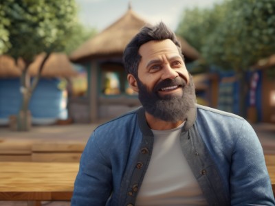 solo,smile,short hair,open mouth,blue eyes,shirt,black hair,1boy,jacket,white shirt,upper body,male focus,outdoors,open clothes,teeth,day,blurry,open jacket,tree,looking to the side,buttons,depth of field,blurry background,facial hair,denim,blue jacket,building,beard,realistic,mustache,bench,old,old man,wrinkled skin,denim jacket,looking at viewer,long sleeves,grin,parody,meme,house