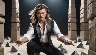 1girl,solo,long hair,looking at viewer,blonde hair,brown hair,shirt,1boy,brown eyes,jewelry,white shirt,male focus,belt,pants,dark skin,vest,bracelet,dark-skinned female,lips,black pants,ring,realistic,pillar,waistcoat,facial hair,scar,beard,rock,manly,animification